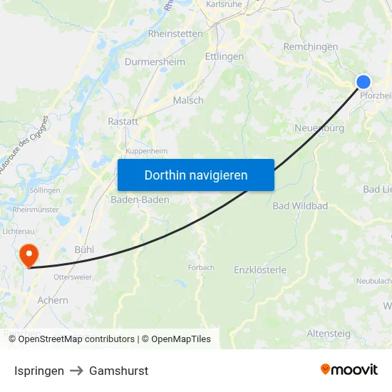 Ispringen to Gamshurst map