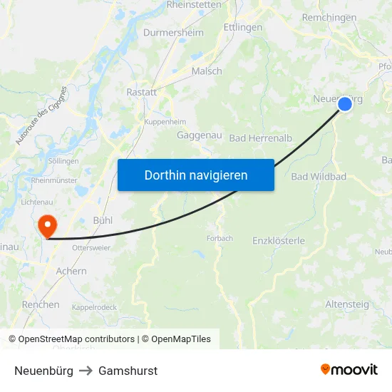 Neuenbürg to Gamshurst map