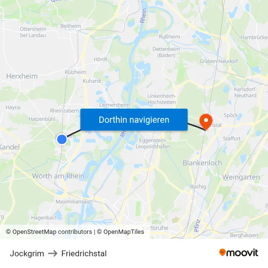 Jockgrim to Friedrichstal map