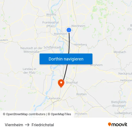 Viernheim to Friedrichstal map