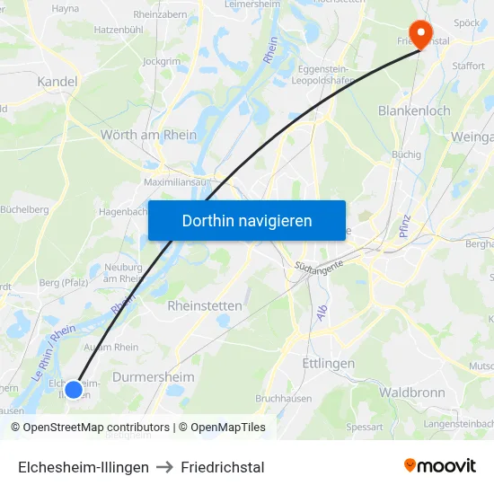 Elchesheim-Illingen to Friedrichstal map