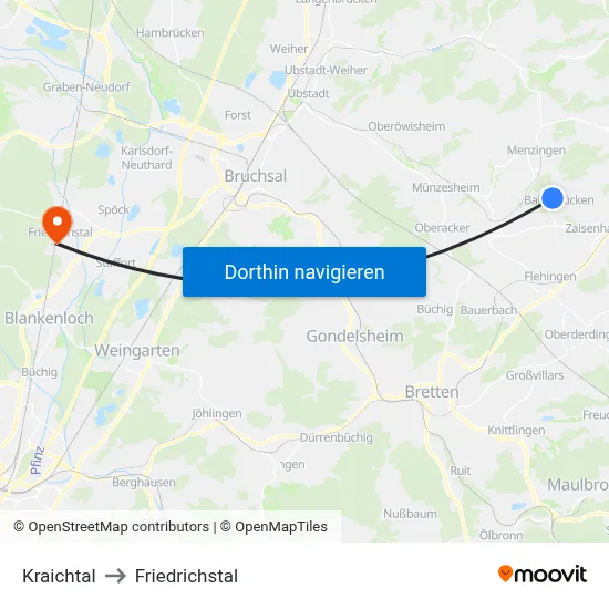 Kraichtal to Friedrichstal map