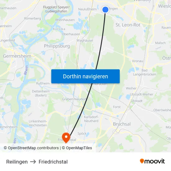 Reilingen to Friedrichstal map