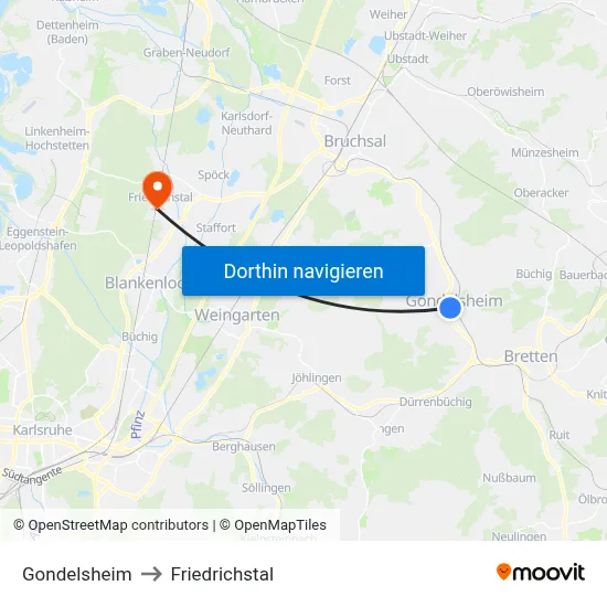 Gondelsheim to Friedrichstal map