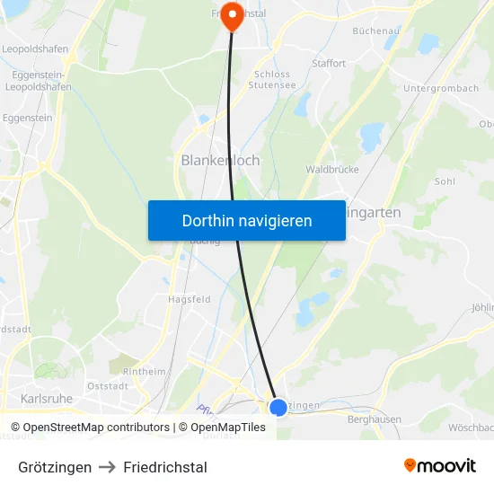 Grötzingen to Friedrichstal map