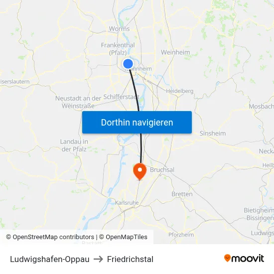 Ludwigshafen-Oppau to Friedrichstal map