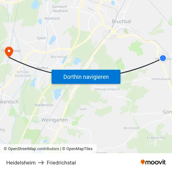 Heidelsheim to Friedrichstal map