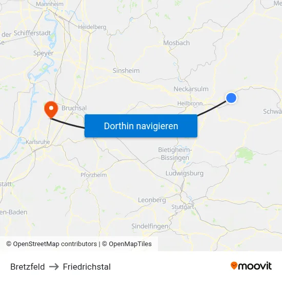 Bretzfeld to Friedrichstal map