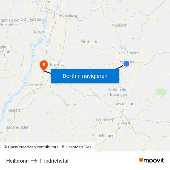 Heilbronn to Friedrichstal map