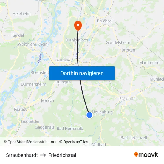 Straubenhardt to Friedrichstal map