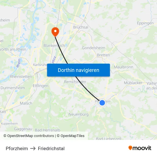 Pforzheim to Friedrichstal map