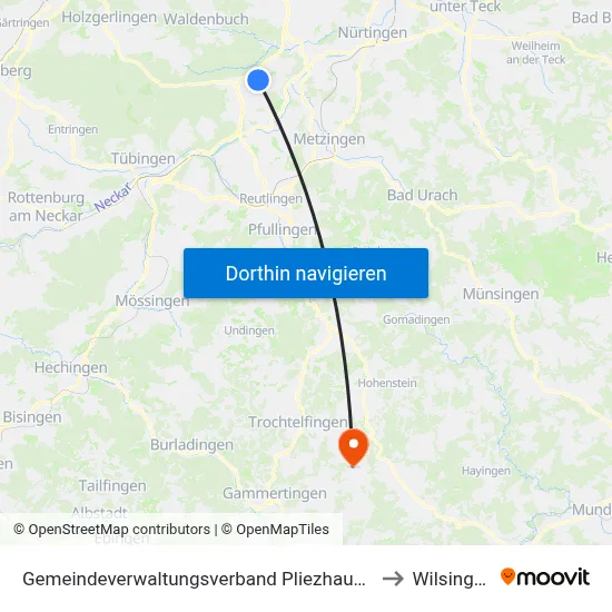 Gemeindeverwaltungsverband Pliezhausen to Wilsingen map