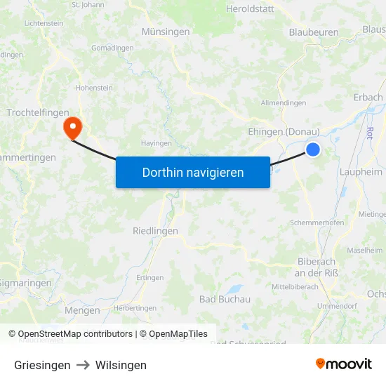 Griesingen to Wilsingen map