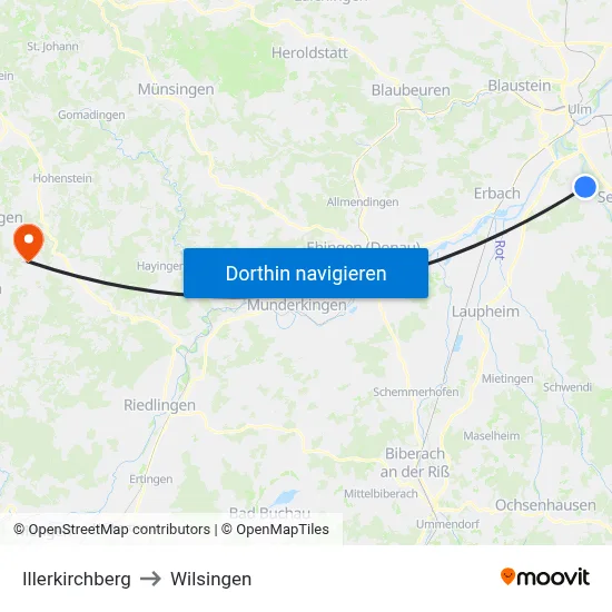 Illerkirchberg to Wilsingen map