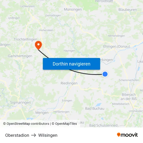 Oberstadion to Wilsingen map
