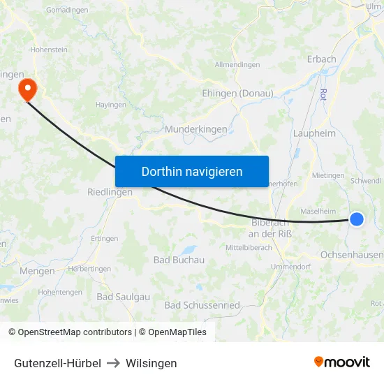 Gutenzell-Hürbel to Wilsingen map