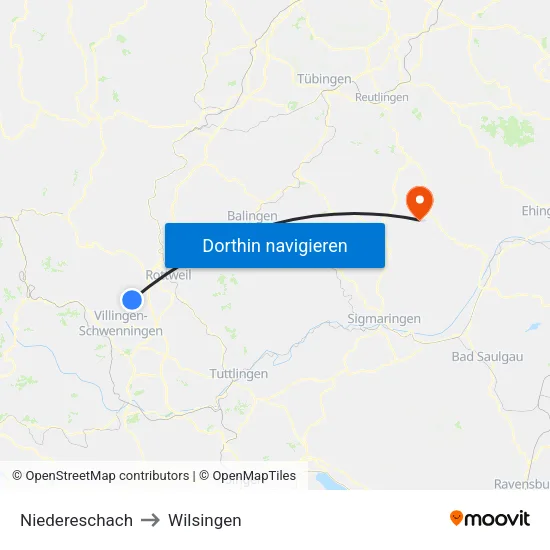 Niedereschach to Wilsingen map