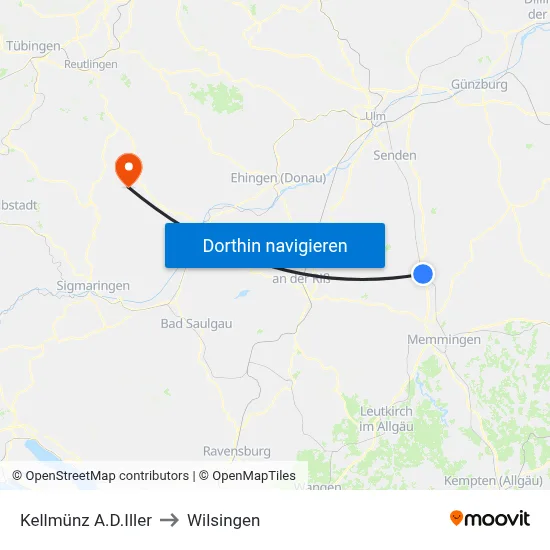 Kellmünz A.D.Iller to Wilsingen map
