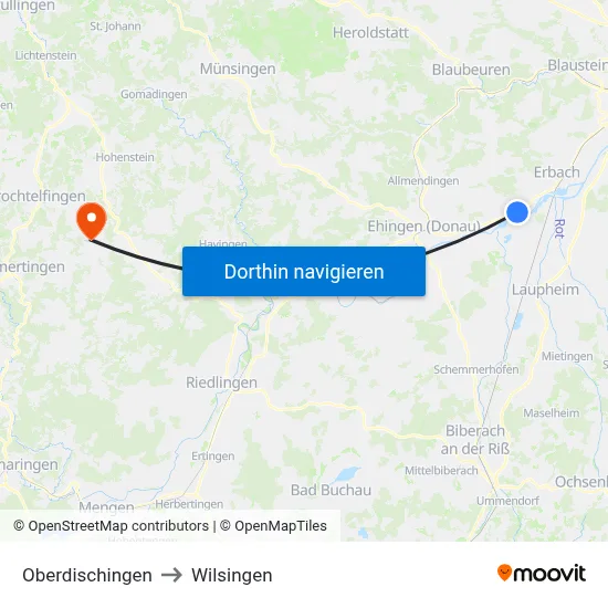 Oberdischingen to Wilsingen map