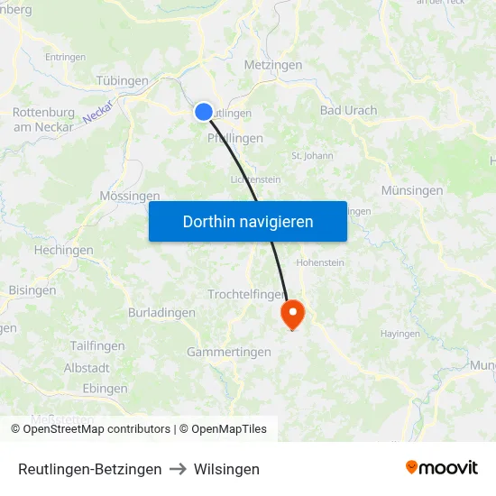 Reutlingen-Betzingen to Wilsingen map