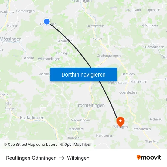 Reutlingen-Gönningen to Wilsingen map