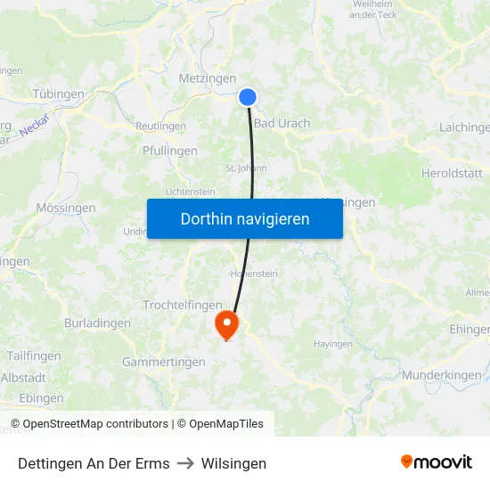 Dettingen An Der Erms to Wilsingen map