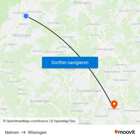 Nehren to Wilsingen map