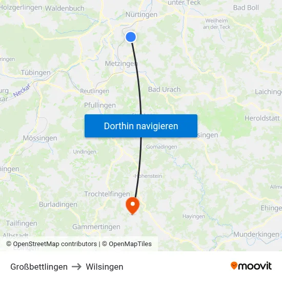 Großbettlingen to Wilsingen map