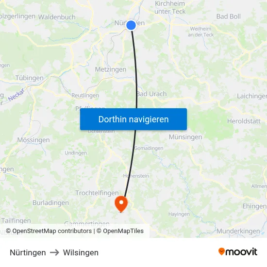 Nürtingen to Wilsingen map
