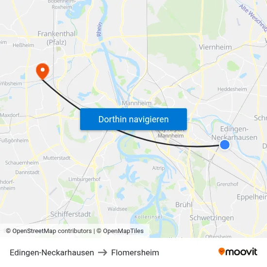 Edingen-Neckarhausen to Flomersheim map