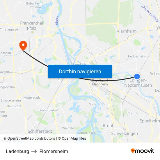 Ladenburg to Flomersheim map