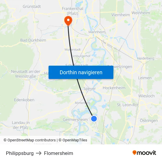 Philippsburg to Flomersheim map