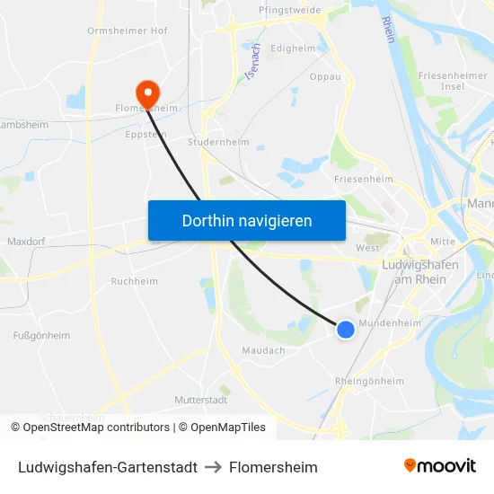 Ludwigshafen-Gartenstadt to Flomersheim map
