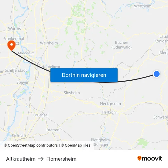 Altkrautheim to Flomersheim map