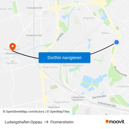 Ludwigshafen-Oppau to Flomersheim map