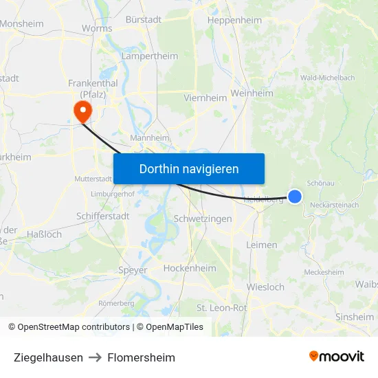 Ziegelhausen to Flomersheim map