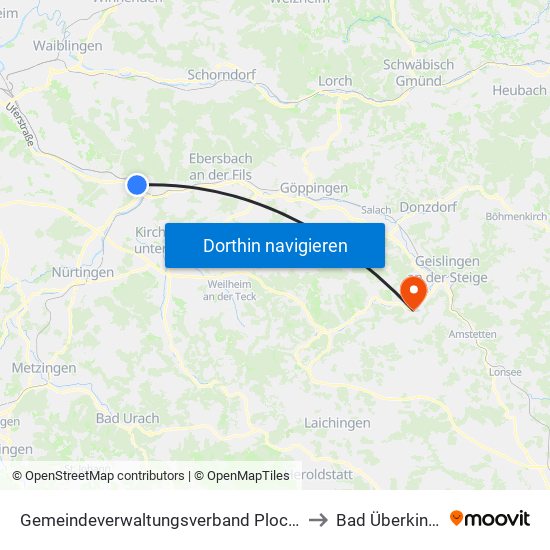 Gemeindeverwaltungsverband Plochingen to Bad Überkingen map