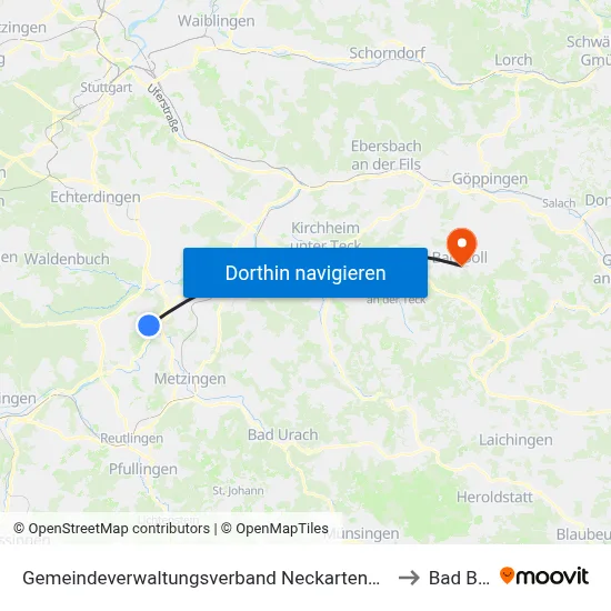 Gemeindeverwaltungsverband Neckartenzlingen to Bad Boll map