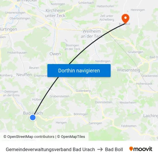 Gemeindeverwaltungsverband Bad Urach to Bad Boll map