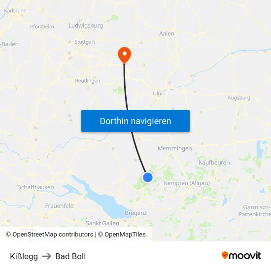 Kißlegg to Bad Boll map