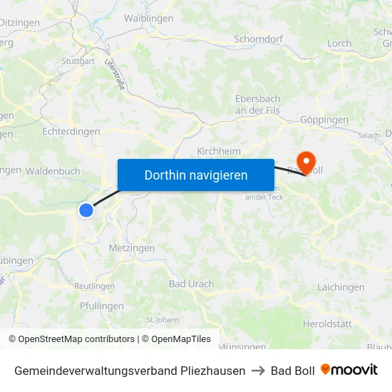 Gemeindeverwaltungsverband Pliezhausen to Bad Boll map