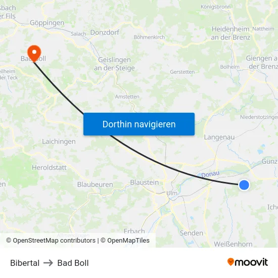 Bibertal to Bad Boll map