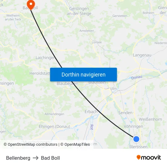 Bellenberg to Bad Boll map