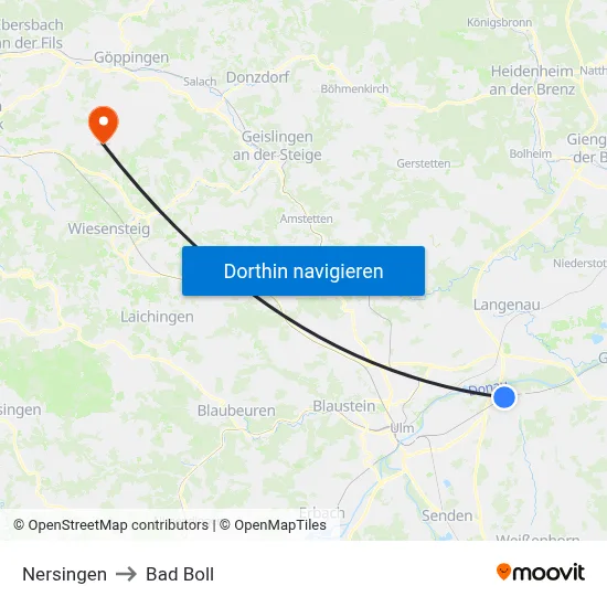Nersingen to Bad Boll map