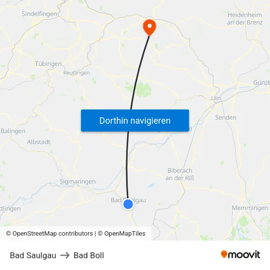 Bad Saulgau to Bad Boll map