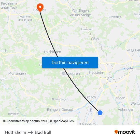 Hüttisheim to Bad Boll map