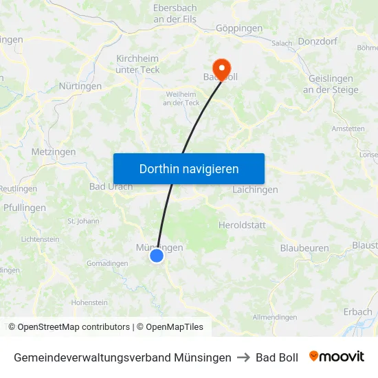 Gemeindeverwaltungsverband Münsingen to Bad Boll map