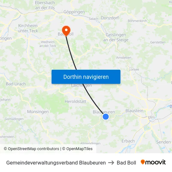 Gemeindeverwaltungsverband Blaubeuren to Bad Boll map