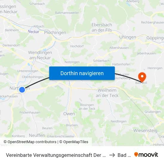 Vereinbarte Verwaltungsgemeinschaft Der Stadt Nürtingen to Bad Boll map