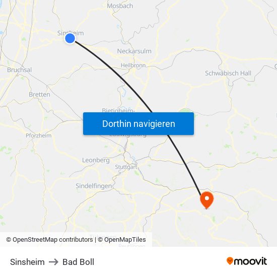 Sinsheim to Bad Boll map